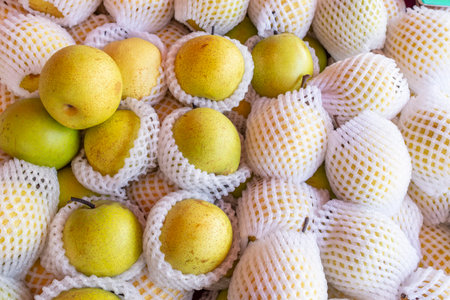 top view fresh snow pears on sale horizontal compositionの写真素材