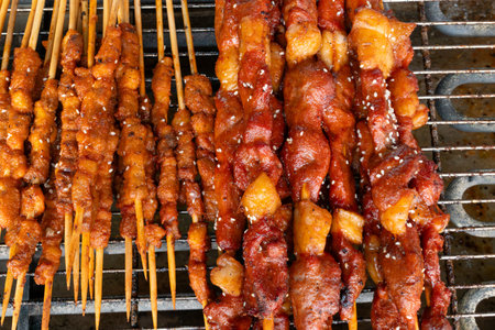 top view meat skewers at horizontal compositionの写真素材