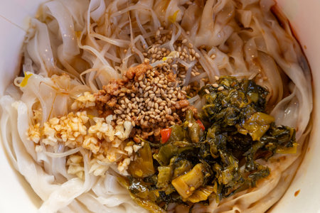 top view lo mein with sesame and pickled vegetableの写真素材