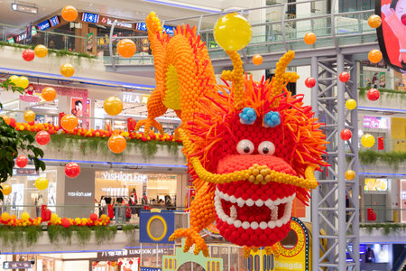 ZHONGSHAN China-January 30 2024: a giant size dragon made from ballons in a shopping mall at horizontal composition.のeditorial素材