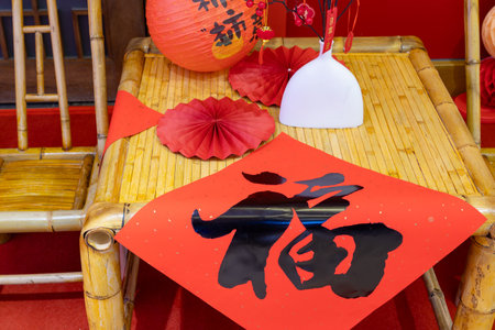 Chinese New Year lantern and decorations English translation of the characters are have all ones wishes and getting rich and prosperousの写真素材