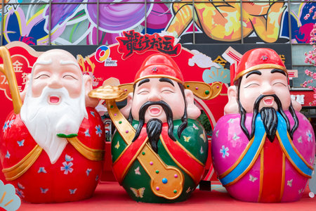 ZHONGSHAN GUANGDONG China-February 2 2024:God of Happiness and God of Wealth and God of Longevity in...