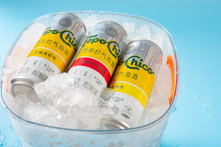 ZHONGSHAN GUANGDONG China-July 15 2023:Coca-Colas product Topo Chico Hard Seltzer with ice in iced...