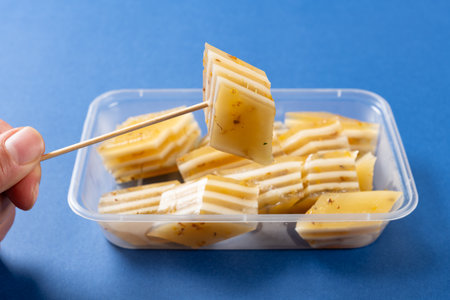 angle view box of chrysanthemum flavor multi-layer cakesの写真素材