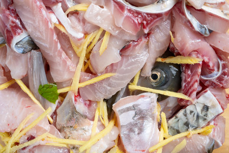 top view fresh sliced fish close upの写真素材