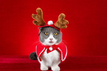 a cute british shorthair cat with Christmas reindeer dressesの写真素材