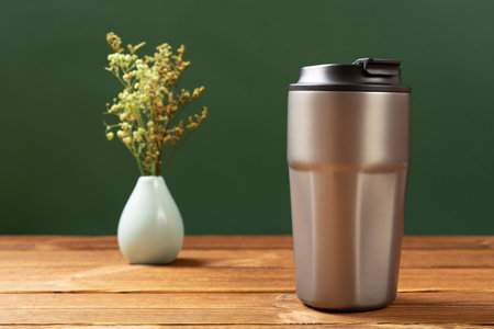 a stainless steel thermal cup at horizontal compositionの写真素材