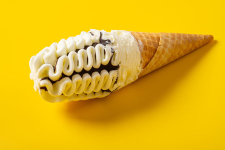 angle view vanilla and chocolate flavor ice cream cone on a yellow backgroundの写真素材