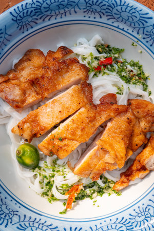 top view Thai-style chicken with stir-fried Ho Fun or rice noodles at vertical compositionの写真素材