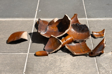 angle view broken clay pot on the floor