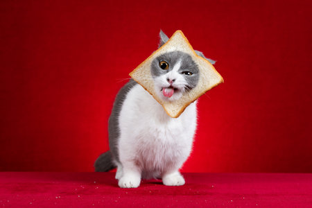 cute british shorthair cat with slice of bread on the head on red background horizontal compositionの写真素材