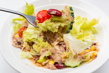 angle view Tuna crunch almond salad at horizontal compositionの写真素材