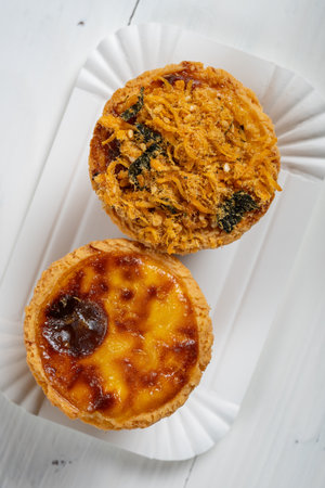 top view two cup egg tarts at vertical compositionの写真素材