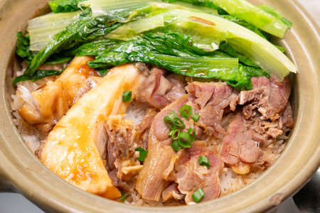 angle view clay pot rice with preserved duck and fish belly at horizontal compositionの写真素材