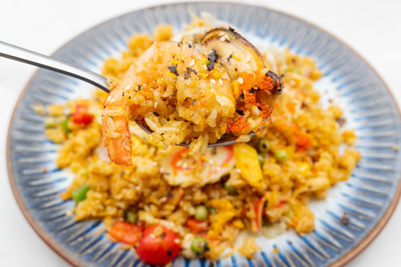 angle view curry seafood fried rice at horizontal compositionの写真素材