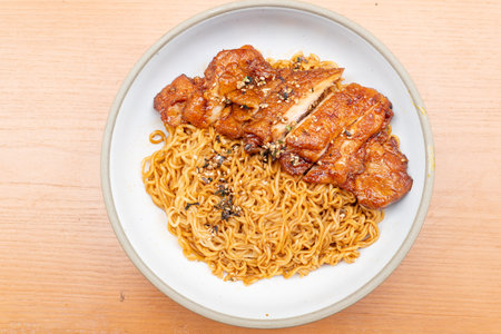 top view teriyaki chicken with Lo Mein or noodles at horizontal compositionの写真素材