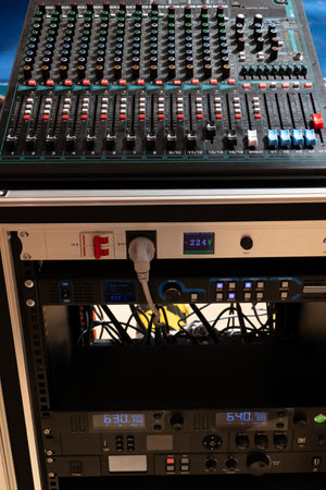 ZHONGSHAN GUANGDONG China-October 13,2024: All-in-one DJ controllers at vertical composition.の写真素材