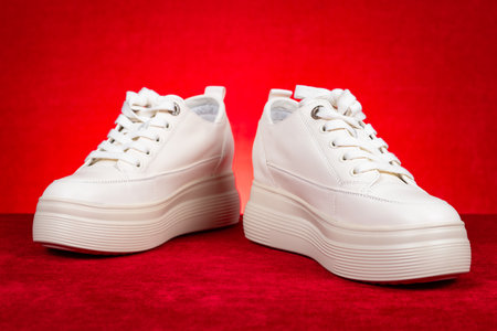 womens white sneakers on red backgroundの写真素材
