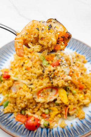 angle view curry seafood fried rice at vertical compositionの写真素材