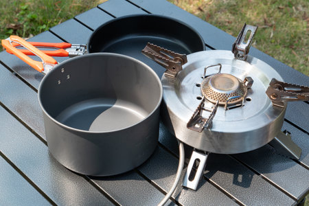 angle view portable cooking equipment for picnics in the outdoorの写真素材