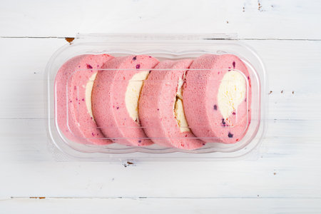 top view blueberry Swiss rolls at horizontal compositionの写真素材