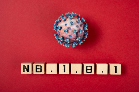 coronavirus and NB.1.8.1 variant on a red backgroundの写真素材