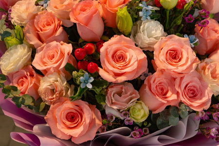 bunch of pink roses as presentの写真素材