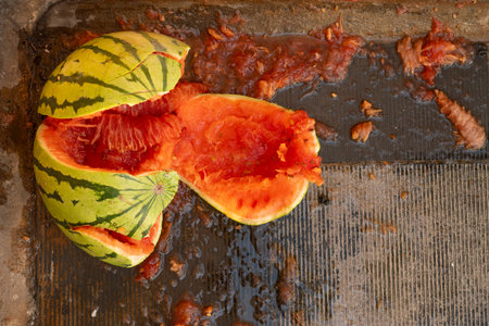 top view smashed watermelon on the ground at horizontal compositionの写真素材