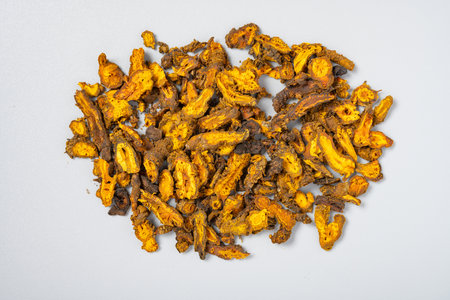 top view herb HuangLianPian or Coptidis Rhizoma or Chinese Goldthread Rhizome Slices at horizontal...