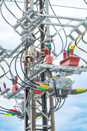 High-voltage transmission tower at vertical compositionの写真素材