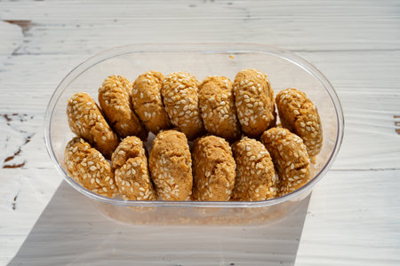 angle view box of crispy cookiesの写真素材