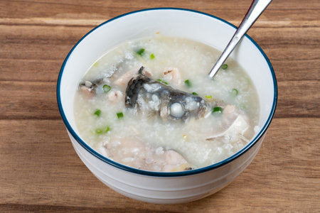 angle view bowl of carp porridge at horizontal compositionの写真素材