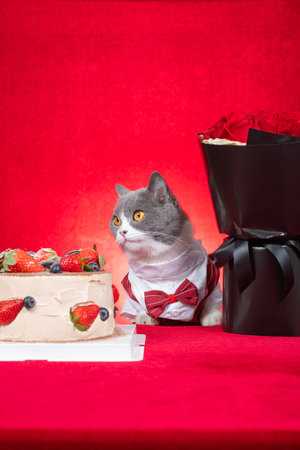cute british shorthair cat celebrating her birthday with birthday cake and bunch roses at vertical compositionの写真素材