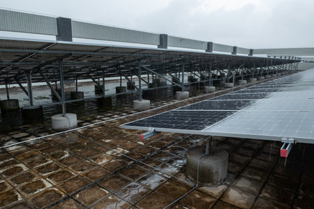 solar panels in heavy rain at horizontal composition