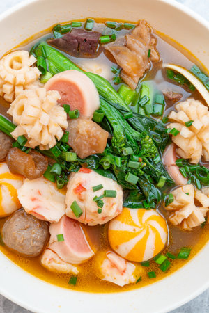 top view bowl of ChaoZhou beef offal and various seafood ingredients at vertical composition