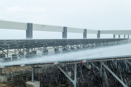 solar panels in heavy rain at horizontal composition