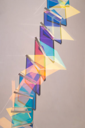 Suspended glass panels refract vibrant light into geometric bursts of color and creating a dynamic dance of reflection against a minimalist backdropの写真素材