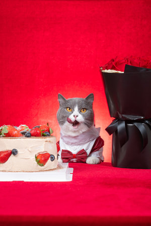 cute british shorthair cat celebrating her birthday with birthday cake and bunch roses at vertical compositionの写真素材