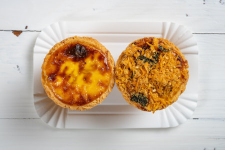 top view two cup egg tarts at horizontal compositionの写真素材