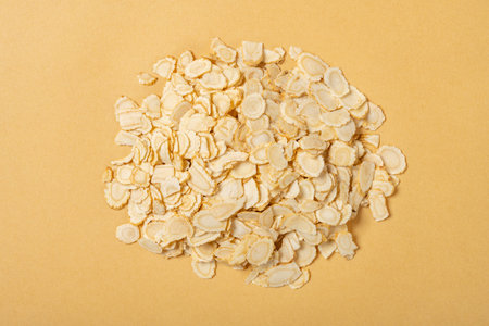 top view herb XiYangShen or Panacis Quinquefolii Radix or American Ginseng at horizontal compositionの写真素材