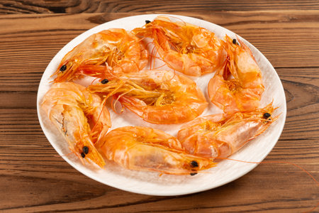 angle view dish of dried sea shrimps at horizontal compositionの写真素材