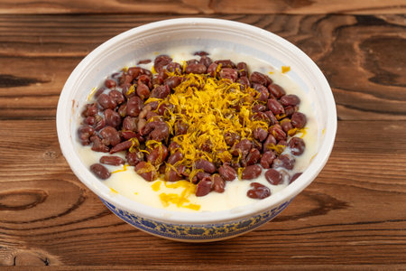 angle view chrysanthemum and red bean double-skin milk at horizontal compositionの写真素材