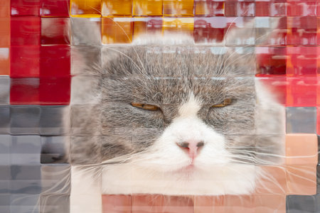 a funny cat face seen through the glassの写真素材