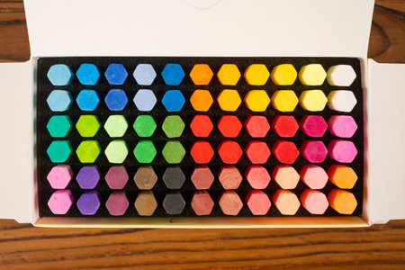 top view box of colorful chalksの写真素材