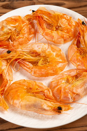 angle view dish of dried sea shrimps at vertical compositionの写真素材