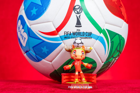 ZHONGSHAN China-December 12 2025: official mascot Maple and the soccer for the 2026 FIFA World Cup...