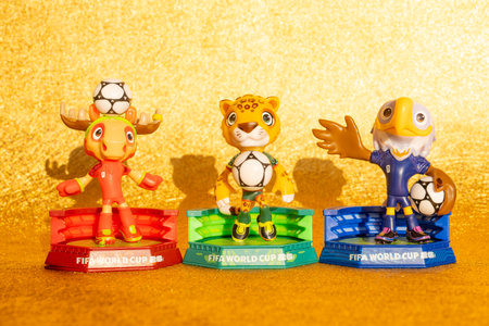 ZHONGSHAN China-December 15 2025: official mascots Clutch and Maple and Zayu for the 2026 FIFA World...