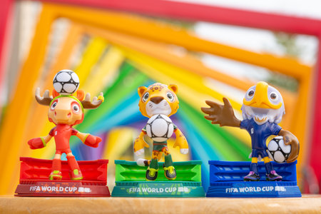ZHONGSHAN China-December 14 2025: official mascots Maple and Zayu and Clutch for the 2026 FIFA World...