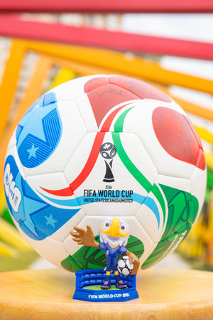 ZHONGSHAN China-December 14 2025: official mascot Clutch and the soccer for the 2026 FIFA World Cup...