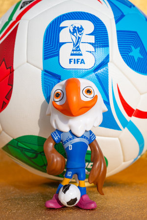 ZHONGSHAN China-November 17 2025: mascot Clutch and the soccer for the 2026 FIFA World Cup on a...